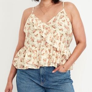 Old Navy Sleeveless Ruffle V-Neck Cream Floral Summer Peplum Tiered Cami Top L